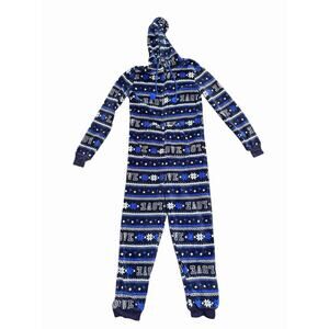 SO Intimates Hooded Fleece One-Piece Pajama Jumpsuit Small Blue Fair Isle Love